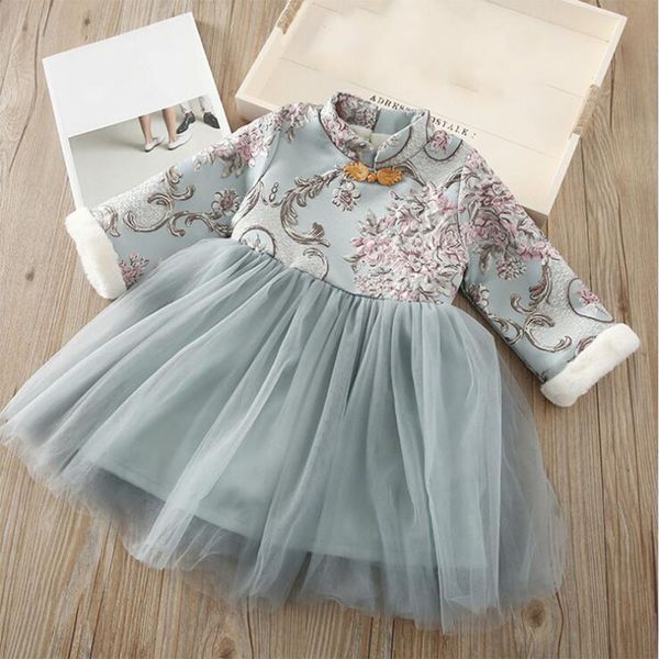 

amya baby children party dress chinese style flower emboridery christmas girls dress winter plus velvet new year kids clothes, Red;yellow