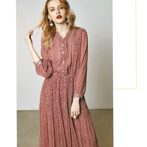 Acheter Printemps Et En été Créateur De Mode Nouveau Tempérament élégant Robe à Fleurs Col De Champignon Femelle Longue Section Balançoire Grande Jupe