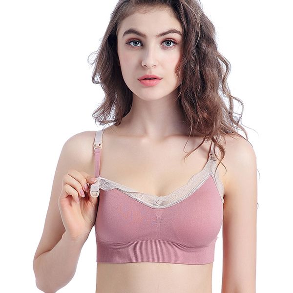 

nursing bra high elastic seamless rimless lace on the buckle feeding pregnant women underwear, rouge powder, Red;black