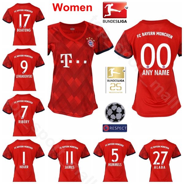 

FC Bayern Munich Women LEWANDOWSKI Jersey 2018 2019 Bundesliga Lady ROBBEN JAMES MULLER HUMMELS Woman Football Shirt Kits Home Red Green