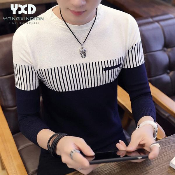 

korean style sweater men streetwear 2020 brand slim fit striped knitting sweaters new homme hombre pullover mens clothes, White;black