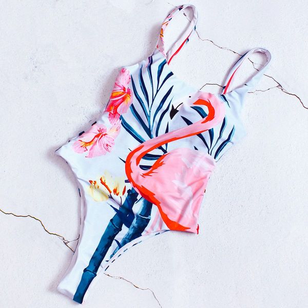 

flamingo print swimwear women one piece swimsuit 2019 backless bathing suit beachwear, White;black