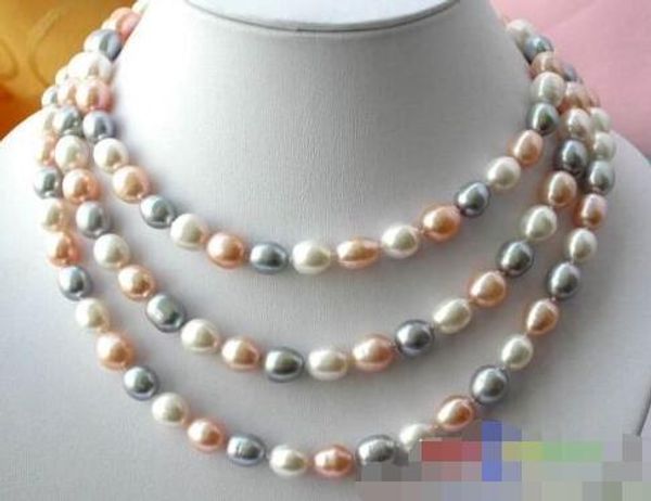 

50 "9-10mm white rice gray pink freshwater pearl necklace, Silver
