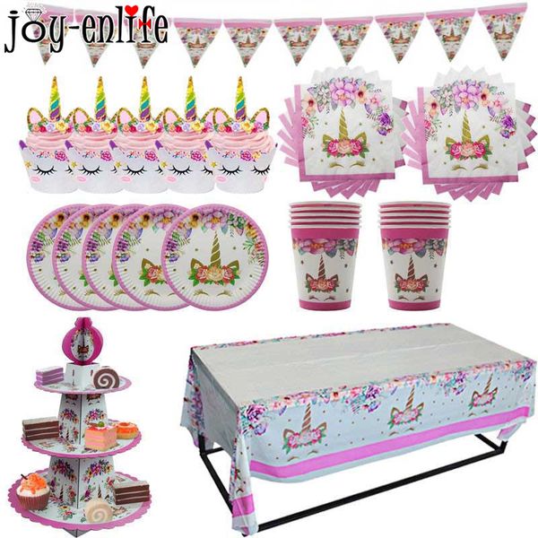 

51/81шт единорог праздничные принадлежности дети день рождения украшения одноразовая посуда набор бумажных тарелок кубок баннер baby shower