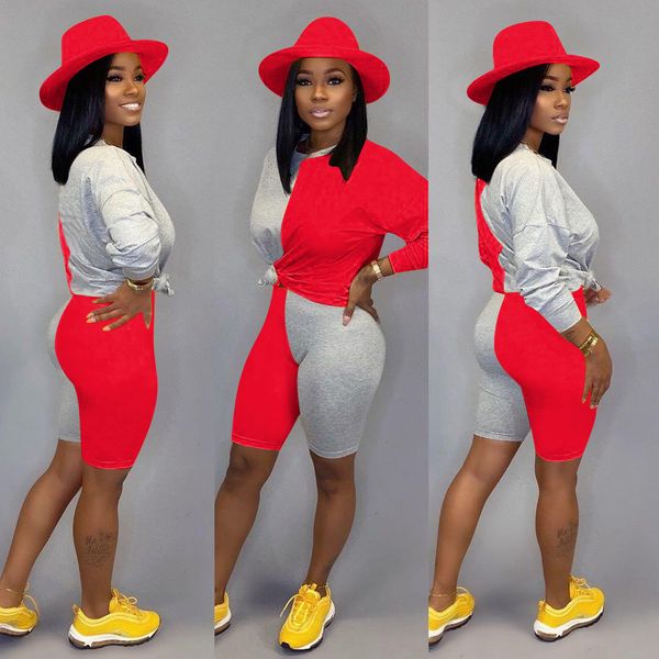 

женская мода casual 2 шт эпикировка цвет блок solid color длинные рукава вокруг шеи топ тощий короткие штаны tracksuit set, White