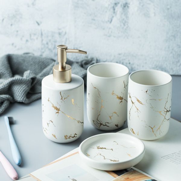 

ceramic bathroom accessory set washing tools water bottle mouthwash cup imitation marble soap dish toothbrush holder