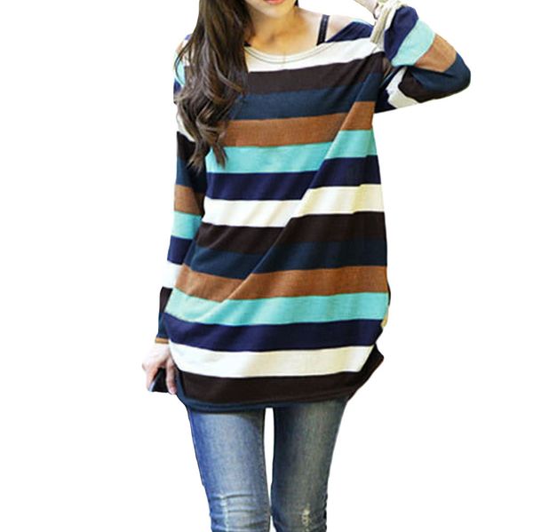 

g0846db korean fashion women slouchy t-shirt colorful stripes knitted long shirt pullover mujer mujeres camisetas de punto, White