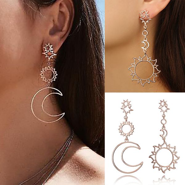 

woman moon sun print dangle earrings lady girl wearing party club earrings fashion new arrival female metal jewelrys, Silver