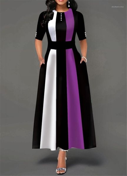 

casual dresses patchwork contrast color striped womens designer dresses autumn half sleeve o neck maxi dresses womens, Black;gray