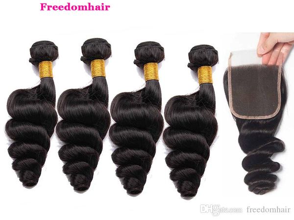 

бразильский девы волос свободная волна с 4x4 lace затворы перуанский кружева закрытие отбеленные узлы рыхлый глубокий пучки волос с кружевом, Black;brown