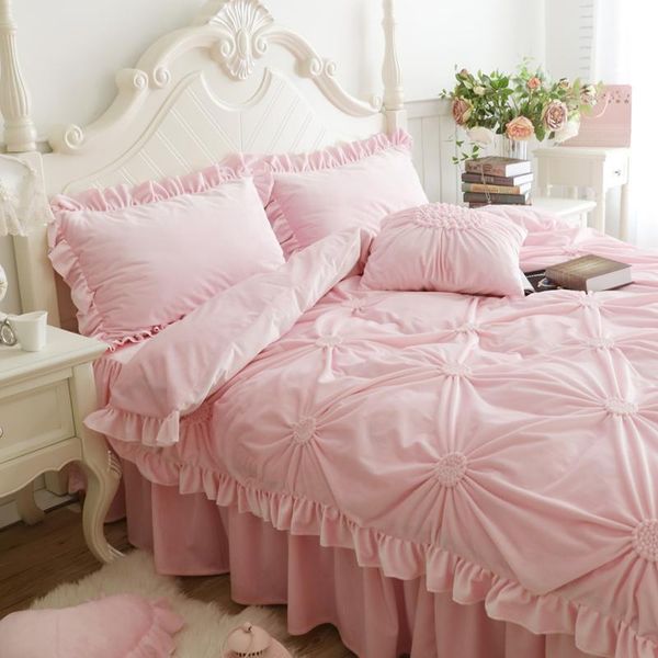 

pleated thick fleece winter bedding set full  king size bed cover set j/6pcs pink blue bed skirt duvet cover pillowcase