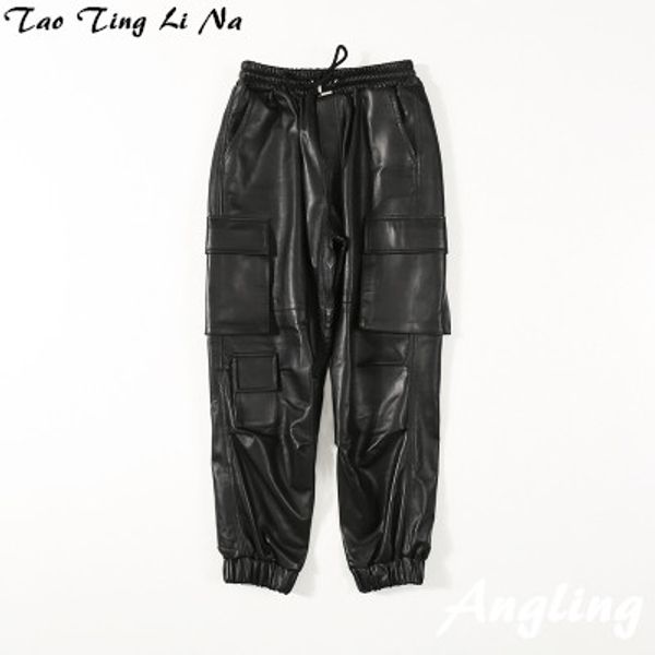 

2020 women new fashion genuine real sheep leather pants c22, Black;white