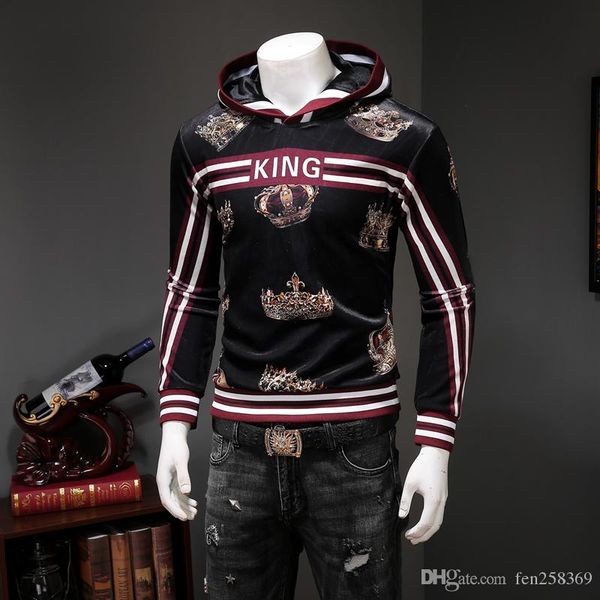 

2018 new fashion wild men's long-sleeved sweater fashion personality korean velvet trend wear men's printed sweater, Black