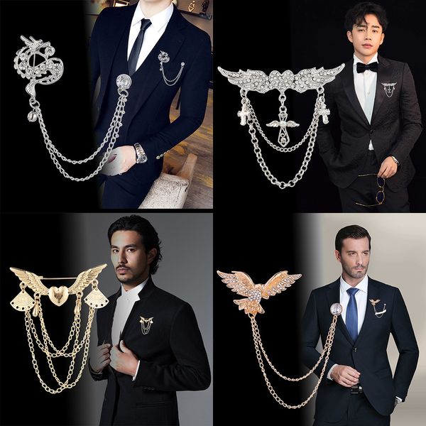 

korean high-grade crown animal brooch rhinestone angle wings tassel chain lapel pin men's suit collar badge corsage accessories, Gray