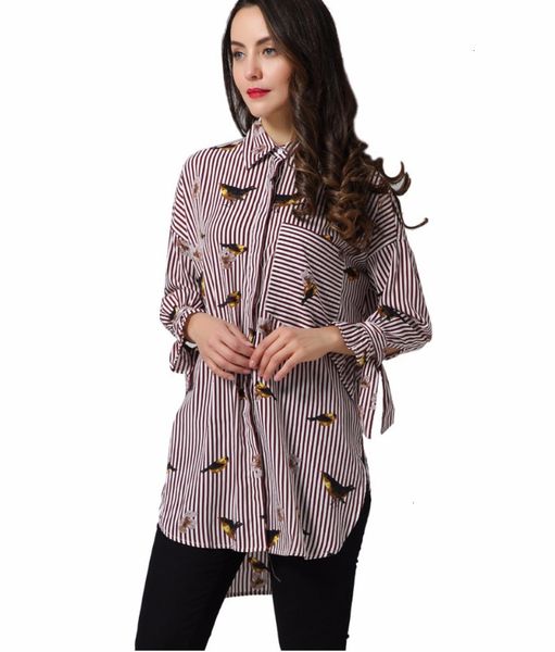 

women blouse women birds floral pattern striped button long shirts loose tie sleeve pocket side split casual chic blouse, White