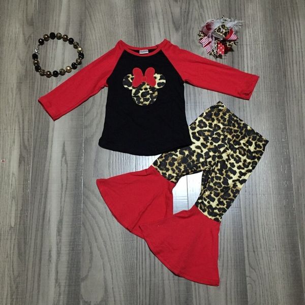 

baby girl girls v-day outfits bow with bell bottom leopard pants girls warm cotton outfits with accessories, White