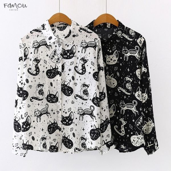 

us warehouse women harajuku shirt kitten print autumn long sleeve polyester and blouses office lady long sleeve white black blouses