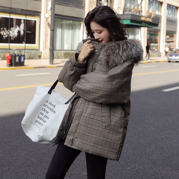 

women winter thick parka 2019 plaid cotton coat casual fur collar hooded jacket korean style outwear casual zipper jacket, Black