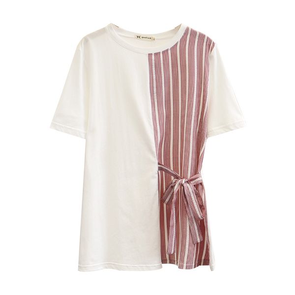 

women summer t-shirt lady tees female short sleeve hollow out stripe splice lace-up fashion plus size e23-055, White