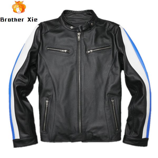 

men's 100% real sheepskin jackets striped patchwork genuine leather jackets black motorycycle leather coat for male