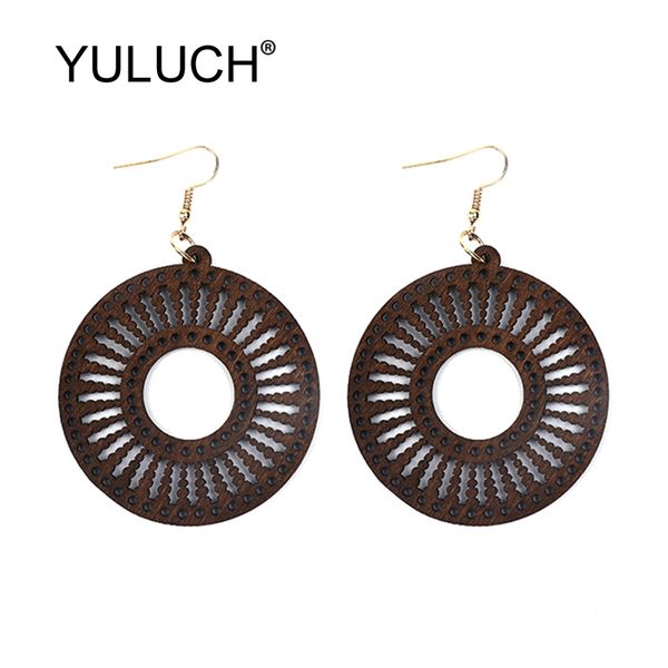 

yuluch personality red black round natual wood pendant earrings female fashion jewerly for party ethnic african drop earrings, Silver