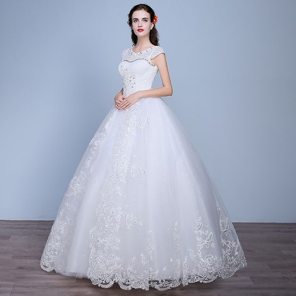 

tulle ball gown wedding dress with pearls and crystal 2019 lace appliques floor length wedding gowns robe de mariee, White