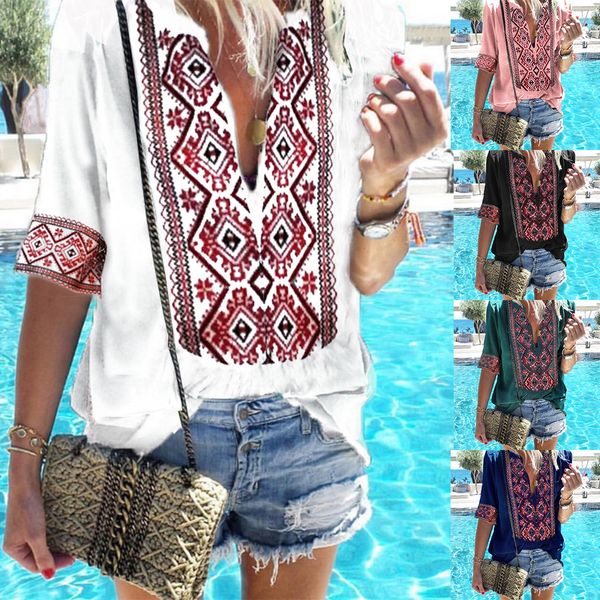 

vintage boho t shirt women casual deep v-neck print half sleeve loose ladies summer t-shirt, White