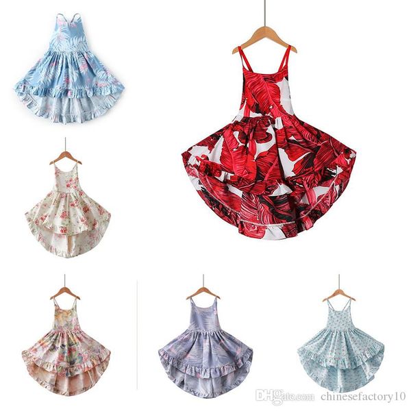 

2019 summer dresses for girls backless halter floral dress boutique clothing vintage dress kids beach suspender dress baby clothes, Red;yellow