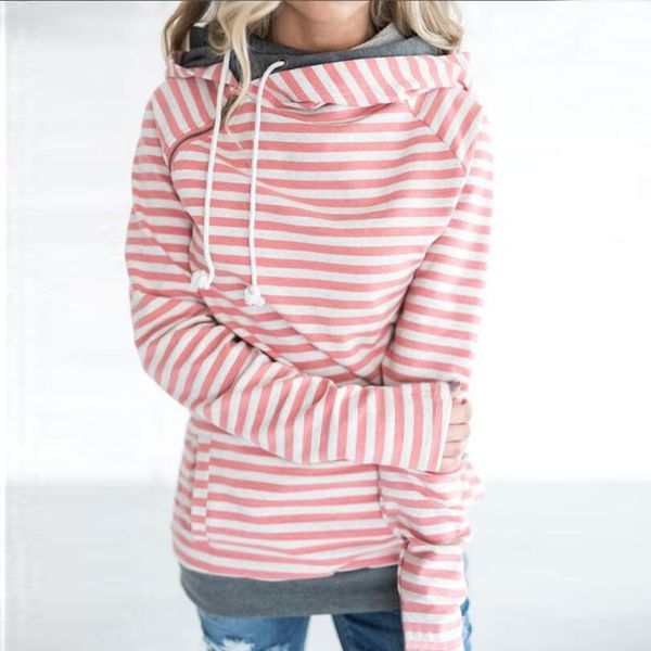 

women hoodie women designer clothes new autumn winter casual women striped pullover warm striped with pockets hood hooded sweatshirt, Black