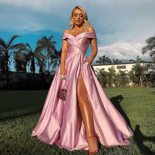 

pink a line off shoulder prom dresses high side split satin party gown with pockets ruched sweep train evening special occasion dress, Black