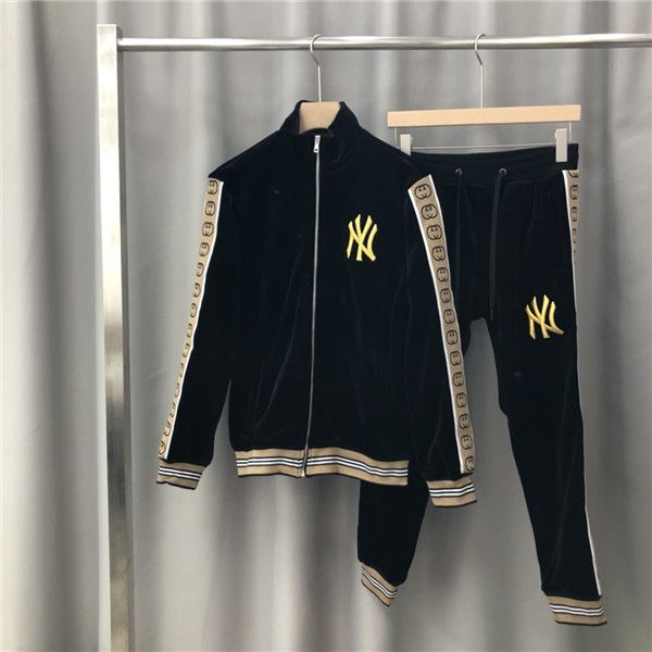 

19aw luxurious italy brand design ribbon letter tracksuit jacket and trousers sets streetwear sweatshirts outdoor long pants and coat, Blue;black