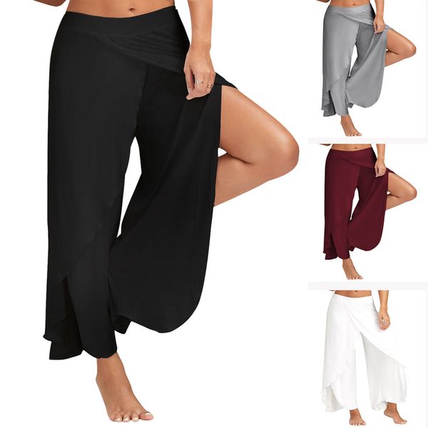 

waist wide leg pants women casual summer long loose sports pants split solid elastic high waist cozy workout gym femme, Black;white