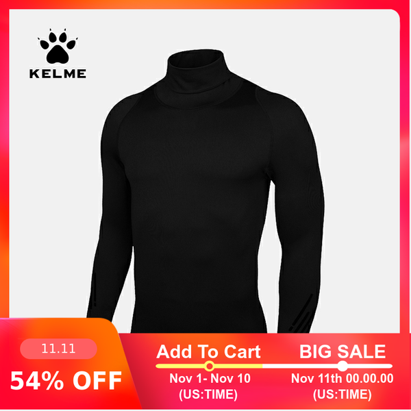 

kelme sports fitness clothing compression men's tight long-sleeved t-shirt velvet high collar warm training running base 3881109, Black;blue