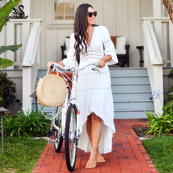 

bikini cover-ups elegant hollow out deep v-neck summer beach dress white cotton tunic women beach wear swim suit cover up