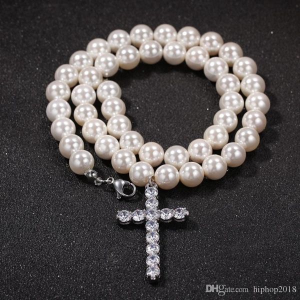 

мода мужская жемчужина из бисера ожерелья новый хип-хоп ювелирных изделий ожерелья iced ожерелье перекрестное 8мм 10мм, Silver