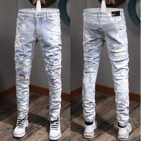 

jeans man embroidery rhinestone patches stitch slim fit denim pants, Blue