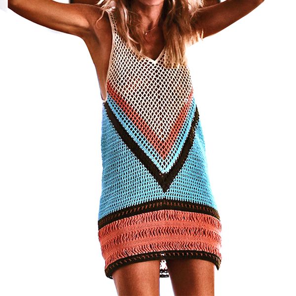 

2019 v-neck handhook knitting minidress holiday dress, Blue;gray