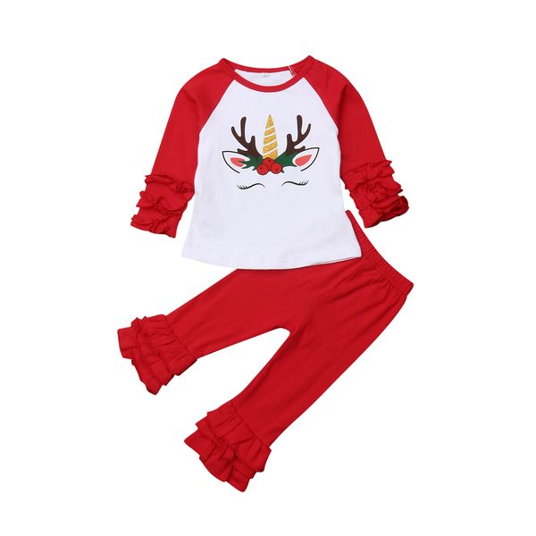 

christmas toddler baby girl unicorn ruffle long sleeve t shirt long pants outfits set clothes xmas, White