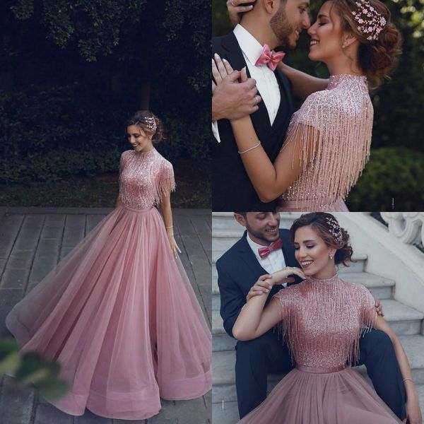 

abendkleider 2020 dusty pink sequined evening dresses tassel tutu a-line prom gowns arabic high collar formal dresses, Black