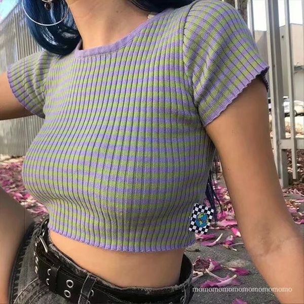 

striped and short-sleeved 2019 round collar t-shirt hip hop short jacket striped shorts and shorts short-sleeved women's 2019 round col, White