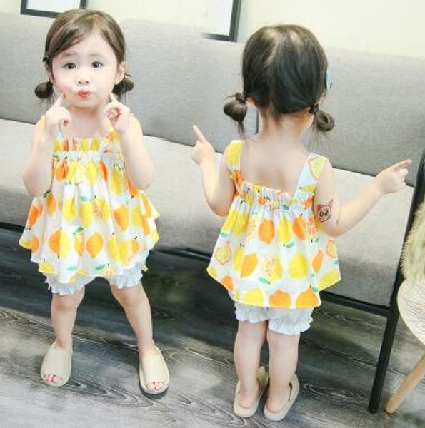 

2019 new summer style children fruit pattern short-sleeved skirt and shorts two-piece suit fashion girl thin section cotton wear suit, White