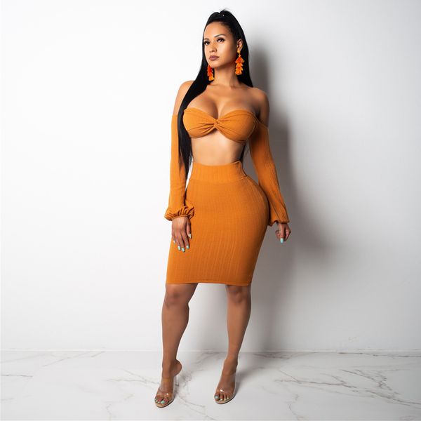 

kgfigu two piece set crop and skirts sets 2018 autumn winter 2 piece set women brown knit ribbed tracksuits woman clothes, White