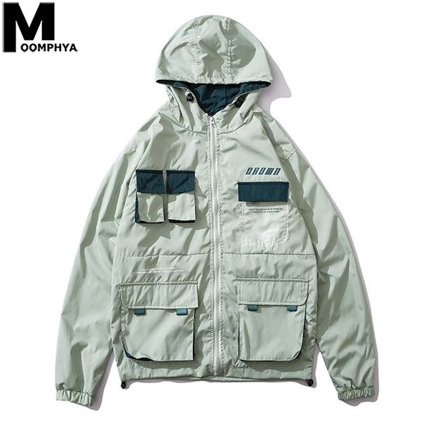 

moomphya multi pockets workwear style jacket men streetwear hooded windbreaker coat men 2019 autumn jacket fashion outwear, Black;brown