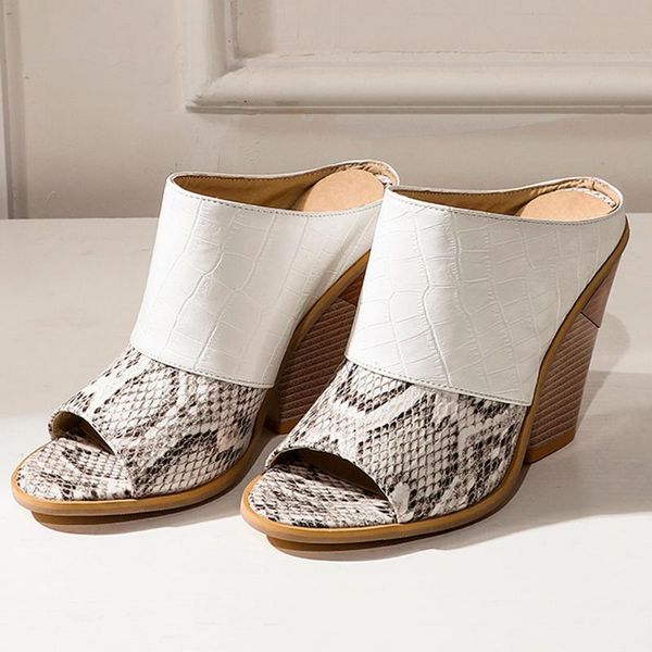 

leather sandals women retro snake print open toe sandals high heel beach shoes large size slippers chaussures femme, Black