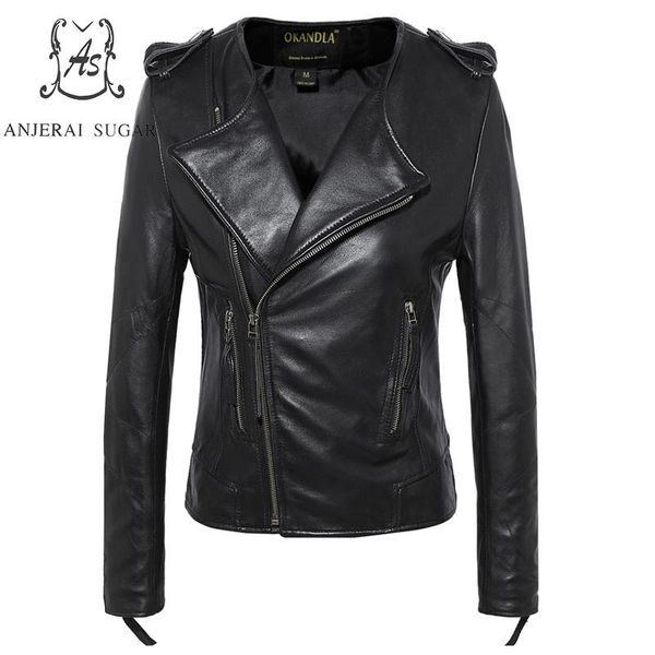

plus size sheepskin genuine leather jacket women coat female spring slim o-neck motorcycle cazadoras de cuero abrigos mujer, Black