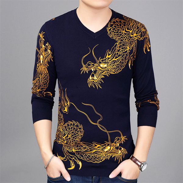 

chinese style golden double dragon pattern 3d print knit sweater autumn new high-quality soft comfortable thin sweater men -3xl, White;black