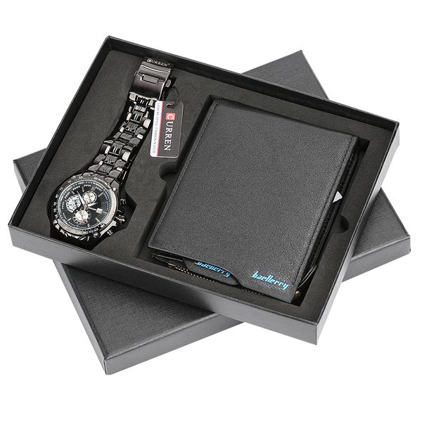 Homens Relógios Aço / couro faixa de pulso de quartzo com Fecho dobrável carteira de couro Gift Set para o noivo para o pai LY191226