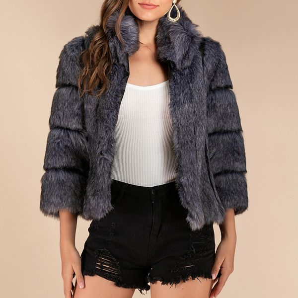 

new faux fur winter coat women clothing fluffy artificial shaggy fake fur jacket overcoat thicken short hairy outwear 2019, Black