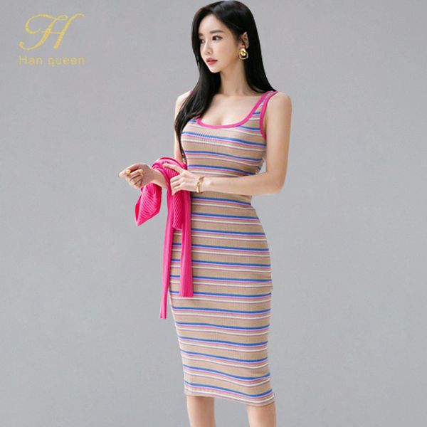 

h han queen colorful stripes elastic knitted dresses summer slim simple bodycon vestidos elegant women sheath pencil dress, Black;gray