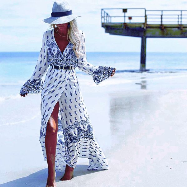 

beach summer dress bikini cover-ups vintage bohemian maxi dress robe femme boho floral women split long swimsuit top, Blue;gray